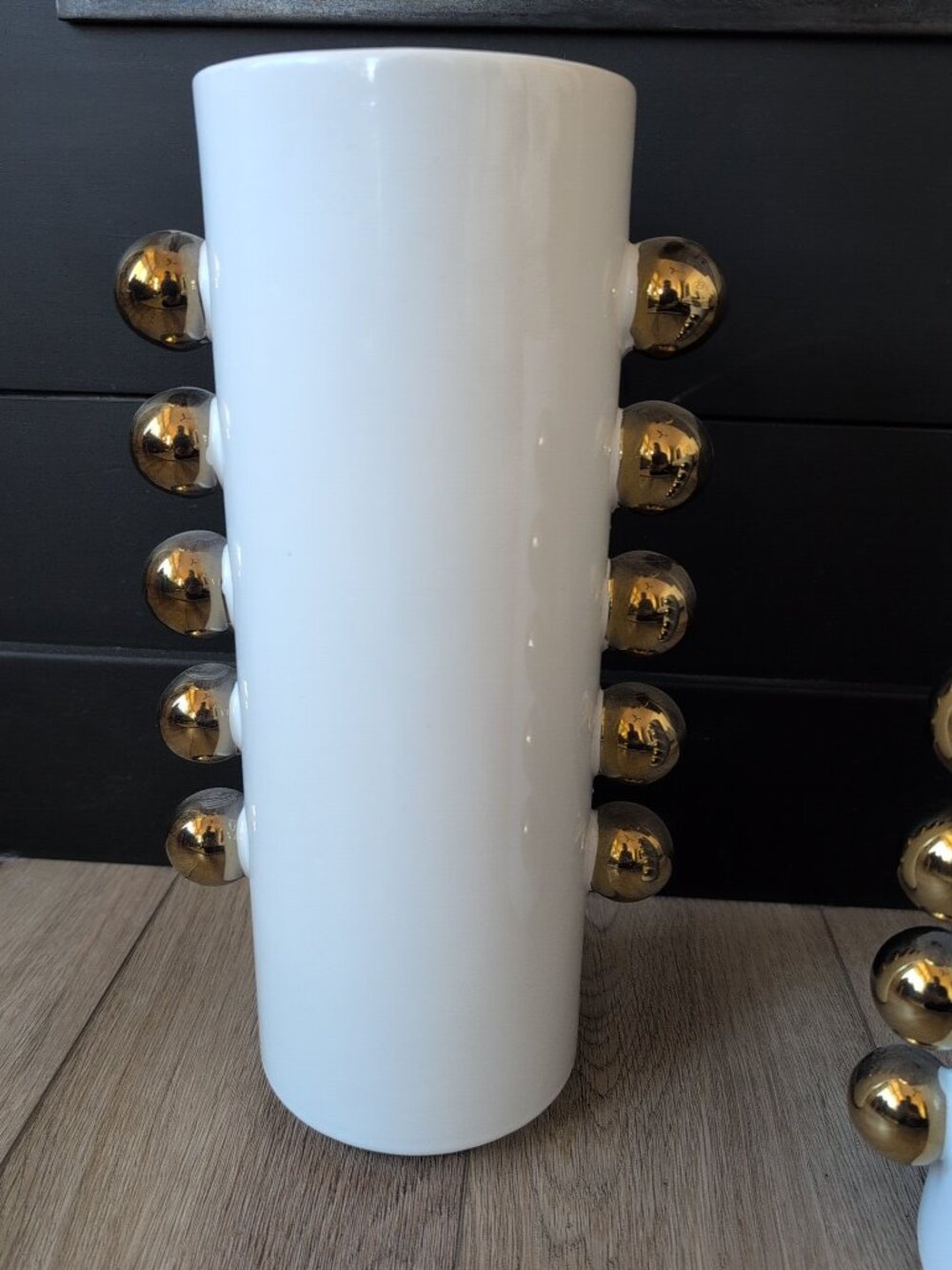 Set Of 2 Ceramic White Cylindrical Decorative Vases With Gold Accents - Picture 5 of 8